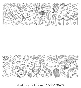 Coloring page. Online internet cinema pattern with vector icons for wrapping paper, posters, banners, leaflets. 3d movie, tv, musical.