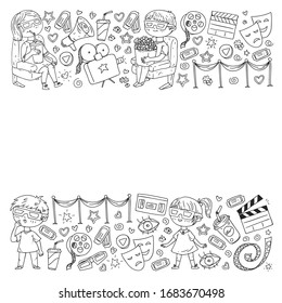 Coloring page. Online internet cinema pattern with vector icons for wrapping paper, posters, banners, leaflets. 3d movie, tv, musical.