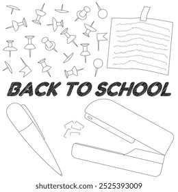 Coloring page of open notebook with handwritten text and stacked school textbooks with inscriptions for lessons on school subjects. Entertaining kids activity, back to school black and white design.