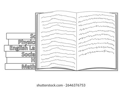 Coloring page of open notebook with handwritten text and stacked school textbooks with inscriptions for lessons on school subjects. Entertaining kids activity, back to school black and white design. - Powered by Shutterstock - Get 15% off with code: PIKWIZARD15