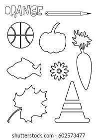 Coloring page, orange things set. Single color worksheets basketball, carrot, pumpkin, road cone, maple leaf, calendula, goldfish. Vector illustration, silhouette, isolated. For education, activities.