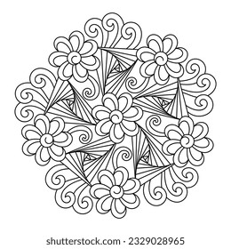 Coloring page. Original mandala with geometric shapes and flowers. Meditative floral coloring book. Black and white Vector illustration.