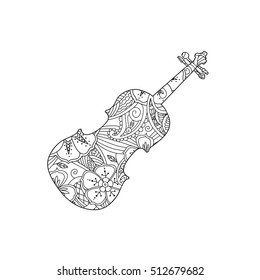 Coloring page with ornamental violin isolated on white background. Antistress coloring book for adult and children. Doodle, floral, nature style. Vector illustration.