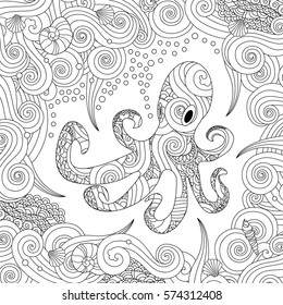 Coloring page with ornate octopus under the sea. Square composition. Coloring book for adult and older children. Editable vector illustration.