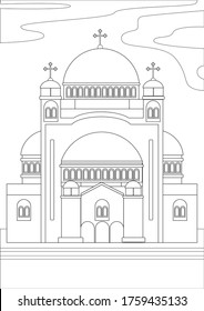 Coloring page with orthodox cathedral or christian temple as a concept of religious architecture. Outline or stock vector linear illustration with a building in Greece, Bulgaria, Ukraine or Russia