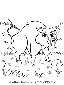 Coloring page outline of angry cartoon hog or boar attacking. Vector image with forest background. Printable coloring book of forest wild animals for kids.