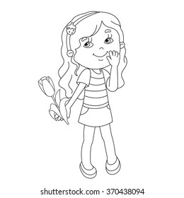 Coloring page outline of Beautiful girl with Tulip in hand 