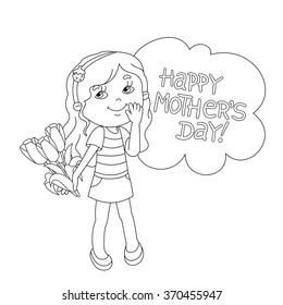Coloring page outline of Beautiful girl with bouquet of tulips in his hand on a white background. Mother's Day.