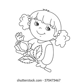 Coloring page outline of Beautiful girl with rose  in hand 