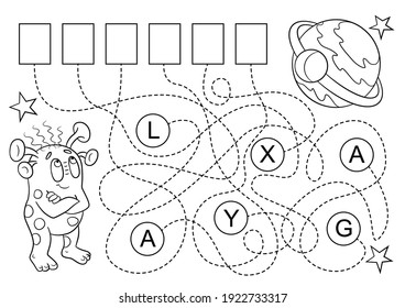 Coloring Page Outline Of Cartoon alien with planet. Space and astronomy. Children's coloring page. Alien cartoon. Make a word out of letters. Maze or Labyrinth Game. Tangled Road. 