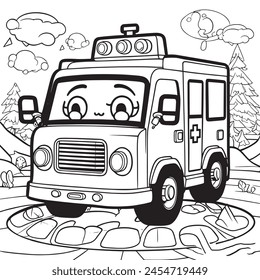 Dibujo para colorear de una ambulancia de dibujos animados. Transporte de Profesional. Página de libro para colorear para niños. contorno de Ilustración vectorial aislado sobre un fondo blanco