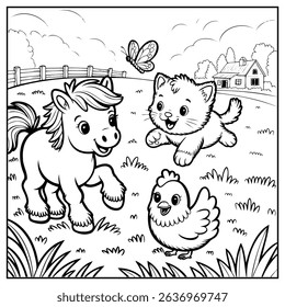 Coloring Page Outline Of cartoon animals farm playing