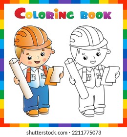 Coloring Page Outline of cartoon architect with plan of building. Profession. Coloring book for kids.