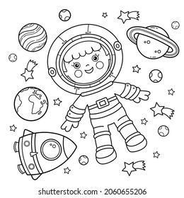 Coloring Page Outline Of cartoon astronaut and rocket in space  Little spaceman cosmonaut  Coloring book for kids 