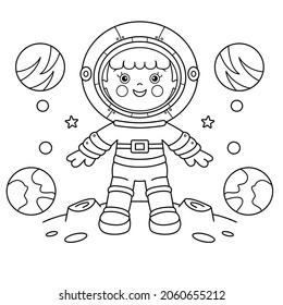 Farbige Seite Umriss eines Cartoon-Astronauten im Raumschiff auf dem Planeten. Raum. Farbbuch für Kinder.