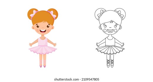 Esbozo de página de color de bailarina de ballet de dibujos animados o bailarina de ballet. Una niña pequeña está bailando. Libro de Colores para niños.