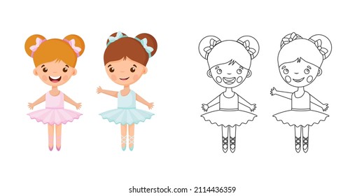 Esbozo de página de color de bailarina de ballet de dibujos animados o bailarina de ballet. Una niña pequeña está bailando. Libro de Colores para niños.