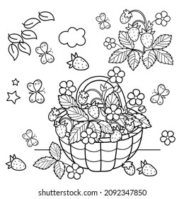 Coloring Page Outline Of cartoon basket of berries. Garden strawberry. Summer gifts of nature. Coloring book for kids