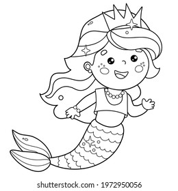 Coloring Page Outline of cartoon beautiful little mermaid. Marine princess. Underwater world. Coloring Book for kids.