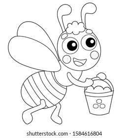 Coloring Page Outline of cartoon bee with honey. Coloring book for kids.