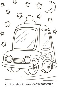 Coloring page outline of the cartoon big truck car at night. Colorful vector illustration, summer coloring book for kids.