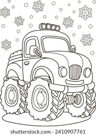 Esquema de la página de color del coche de gran camión de dibujos animados. Ilustración vectorial colorida, libro de colorantes de invierno para niños.