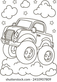 Esquema de la página de color del coche de gran camión de dibujos animados. Ilustración vectorial colorida, libro de coloración de verano para niños.