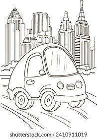 Coloring page outline of the cartoon big truck car in New York City. Colorful vector illustration, summer coloring book for kids.
