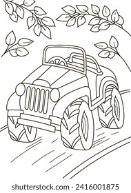 Esquema de la página de color del coche de gran camión de dibujos animados. Ilustración vectorial colorida, libro de coloración de verano para niños.