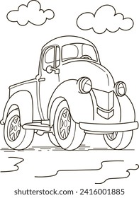 Esquema de la página de color del coche de gran camión de dibujos animados. Ilustración vectorial colorida, libro de coloración de verano para niños.