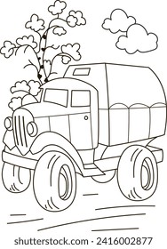 Esquema de la página de color del coche de gran camión de dibujos animados. Ilustración vectorial colorida, libro de coloración de verano para niños.