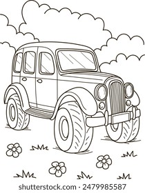Coloring page outline of the cartoon big truck car. Colorful vector illustration, summer coloring book for kids.