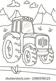 Coloring page outline of the cartoon big truck car. Colorful vector illustration, summer coloring book for kids.