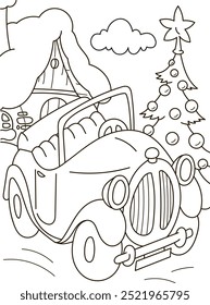 Coloring page outline of the cartoon big truck car. Colorful vector illustration, winter coloring book for kids.