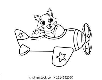 Coloring page outline of cartoon biplane with fox animal. Vector image on white background. Coloring book of transport for kids.