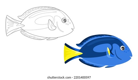 Coloring page outline of cartoon Blue tang. Funny vector ocean coral reef fish Regal tang. Simple flat illustration. Coloring book for children.