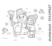Coloring Page Outline Of cartoon boy with snowman. Winter. Coloring book for kids