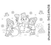Coloring Page Outline Of cartoon boy with girl making snowman together. Winter. Coloring book for kids
