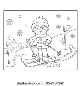 Coloring Page Outline Of cartoon boy skiing. Winter sports. Coloring book for kids
