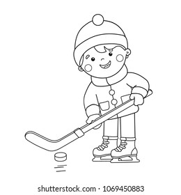 Coloring Page Outline Of cartoon boy playing hockey. Winter sports. Coloring book for kids