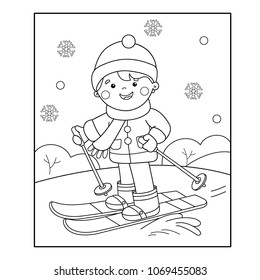 Coloring Page Outline Of cartoon boy skiing. Winter sports. Coloring book for kids
