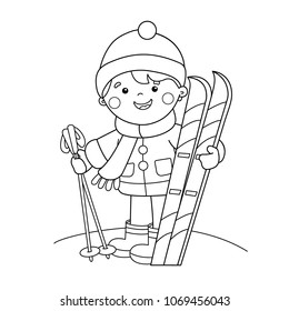 Coloring Page Outline Of cartoon boy with skis. Winter sports. Coloring book for kids