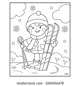 Coloring Page Outline Of cartoon boy with skis. Winter sports. Coloring book for kids