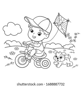 Coloring Page Outline Of cartoon boy riding a Bicycle with a kite and with a dog. Coloring book for kids