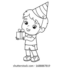 Coloring Page Outline Of a cartoon boy with gift at the holiday. Birthday. Coloring book for kids