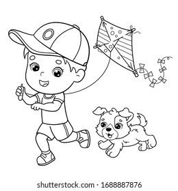 Coloring Page Outline Of cartoon boy running with a kite with dog. Coloring book for kids