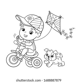 Coloring Page Outline Of cartoon boy riding a Bicycle with a kite and with a dog. Coloring book for kids