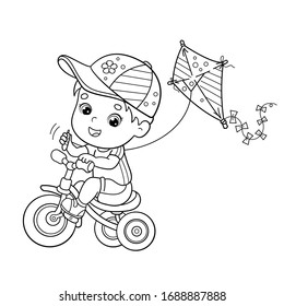 Coloring Page Outline Of cartoon boy riding a Bicycle with a kite. Coloring book for kids