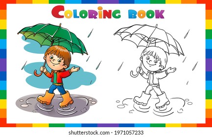Coloring Page Outline of cartoon Boy walking in the rain with umbrella. Coloring Book for kids.