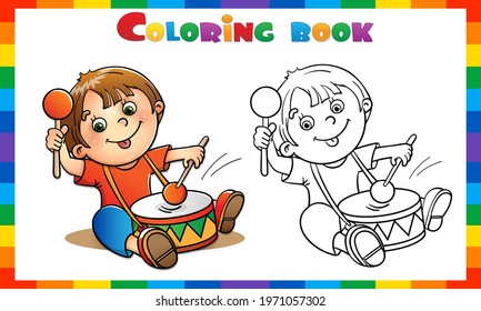 Coloring Page Outline of cartoon boy playing the drum. Coloring Book for kids.